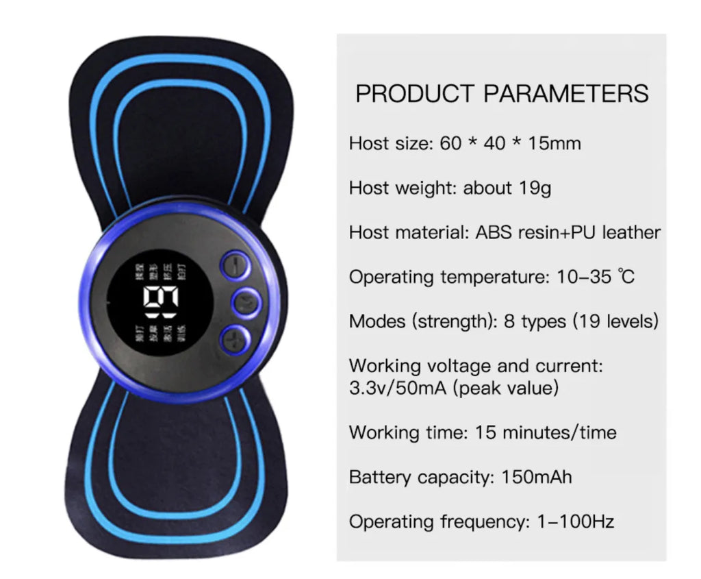 Relivora™ MiniPulse – technische Daten: 8 Modi, 19 Intensitäten, USB-aufladbar, leicht und tragbar
