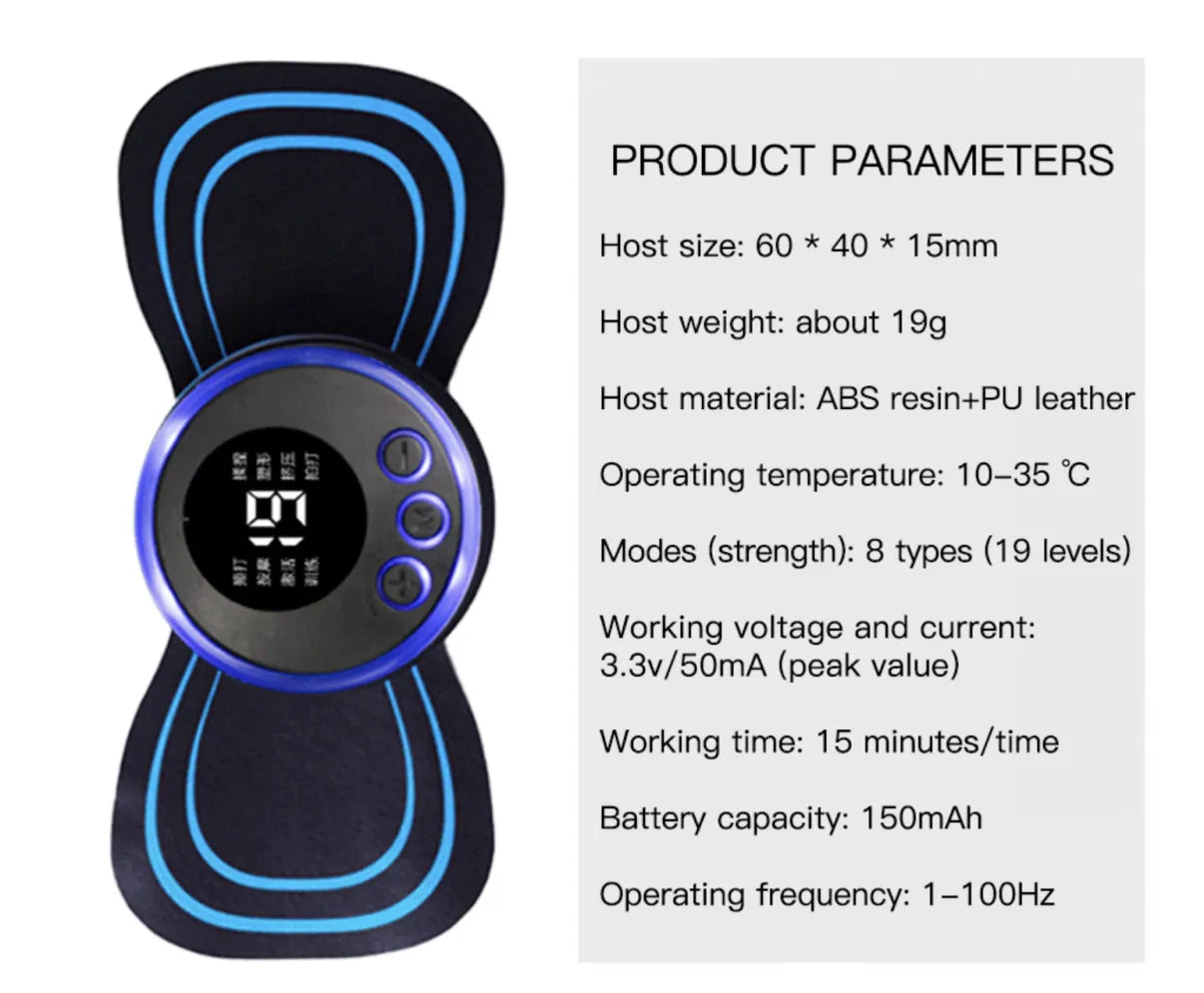 Relivora™ MiniPulse – technische Daten: 8 Modi, 19 Intensitäten, USB-aufladbar, leicht und tragbar

